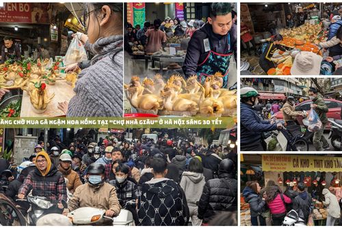 Xếp hàng chờ mua gà ngậm hoa hồng tại 'chợ nhà giàu' ở Hà Nội sáng 30 Tết