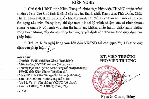 VKSNDTC kiến nghị Chủ tịch UBND tỉnh Kiên Giang tổ chức THAHC thuộc trách nhiệm