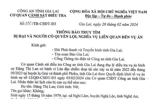 Truy tìm bị hại liên quan đến vụ án lừa đảo chiếm đoạt tài sản