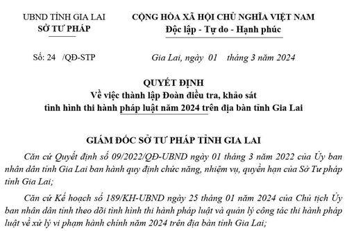 Gia Lai: Điều tra, khảo sát tình hình thi hành pháp luật năm 2024