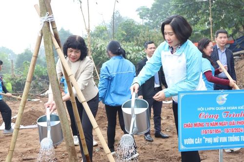 Phụ nữ Hoàn Kiếm trồng cây góp phần phủ xanh bờ vở sông Hồng
