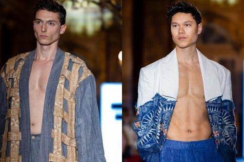 Mẫu Tây khoe ngực trần vạm vỡ diễn thổ cẩm Việt ở kinh đô thời trang thế giới