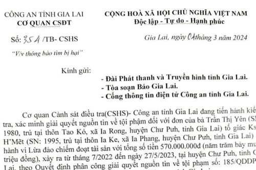 Thông báo tìm bị hại liên quan hành vi lừa đảo chiếm đoạt tài sản