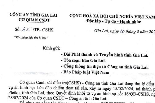 Thông báo tìm bị hại liên quan đến vụ án lừa đảo chiếm đoạt tài sản