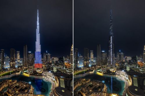 Tòa nhà cao nhất thế giới thắp sáng quốc kỳ, chạy chữ 'UAE ủng hộ Nga'