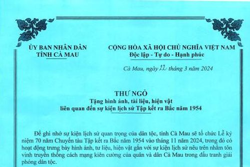 Thư ngỏ tặng hình ảnh, tài liệu, hiện vật liên quan đến sự kiện lịch sử Tập kết ra Bắc năm 1954