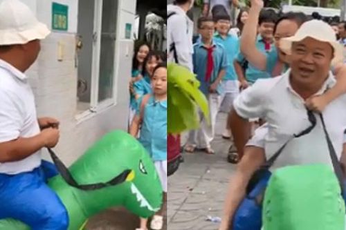 Bố 'cưỡi khủng long' đón con gái tan học, chuyện phía sau nhiều người xúc động