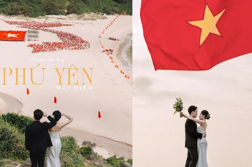 Cặp đôi vi vu Phú Yên, chụp ảnh cưới đúng khoảnh khắc Lễ Thượng cờ gây sốt MXH