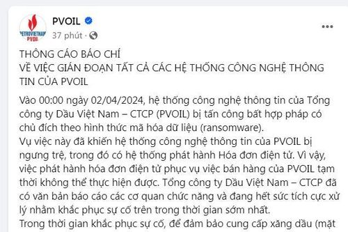 Hệ thống công nghệ thông tin của PVOIL bị tấn công mã hóa dữ liệu
