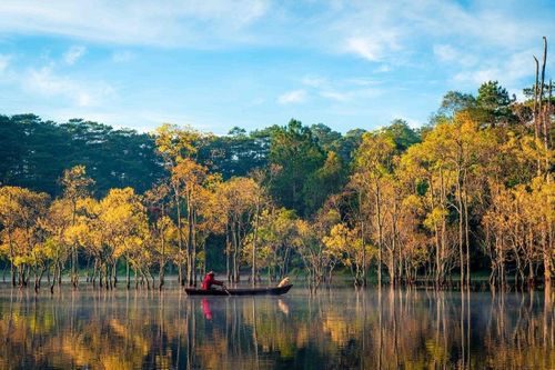 Suối Tía hồ Tuyền Lâm mùa lá vàng đẹp như tranh