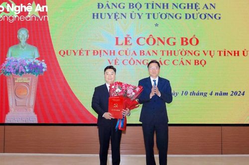 Ban Thường vụ Tỉnh ủy Nghệ An điều động, phân công, chỉ định Bí thư Tỉnh đoàn giữ chức Bí thư Huyện ủy Tương Dương