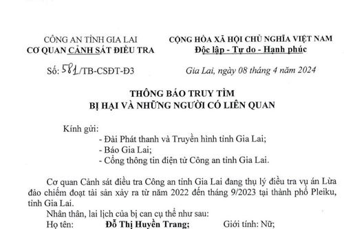 Công an Gia Lai tìm bị hại và người có liên quan vụ Đỗ Thị Huyền Trang lừa đảo