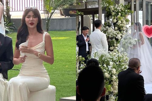 Hậu đêm tân hôn tất bật, Minh Tú rạng rỡ đến dự đám cưới Cao Thiên Trang