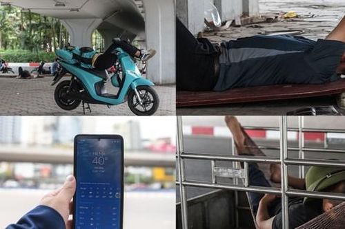 Giữa trưa, người lao động nằm vạ vật dưới gầm cầu để tránh cái nắng như nung