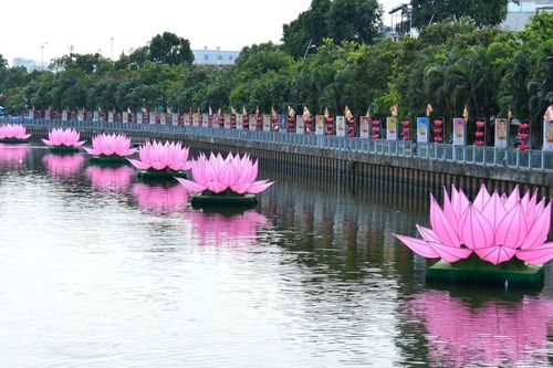 Hạ thủy 7 đóa sen hồng Kính mừng Phật đản trên kênh Nhiêu Lộc (TP.HCM)