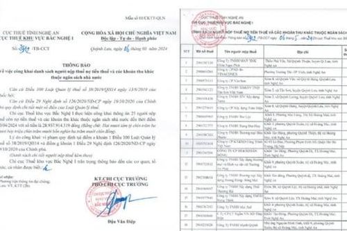 Nghệ An công khai danh sách nhiều doanh nghiệp nợ thuế