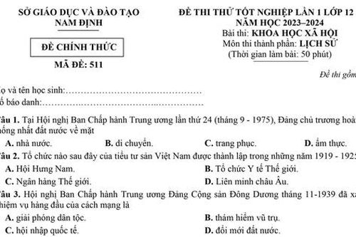 Đề thi thử tốt nghiệp trung học phổ thông môn Lịch sử của Nam Định