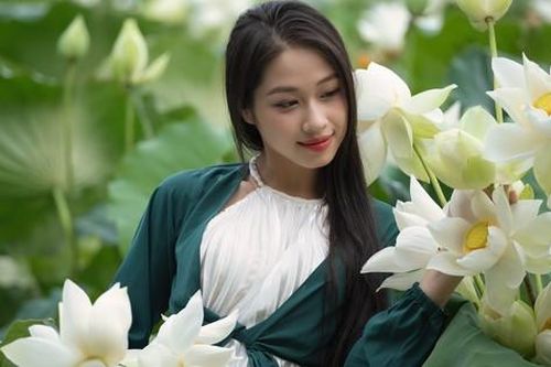Thiếu nữ xứ Huế thích thú tạo dáng cùng hoa sen mùa hạ