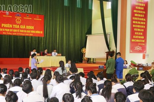 Phiên tòa giả định tuyên truyền pháp luật về ATGT tại Trường THPT số 3 huyện Bảo Thắng