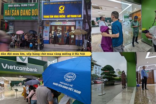 Người dân đội mưa lớn, xếp hàng chờ mua vàng miếng ở Hà Nội