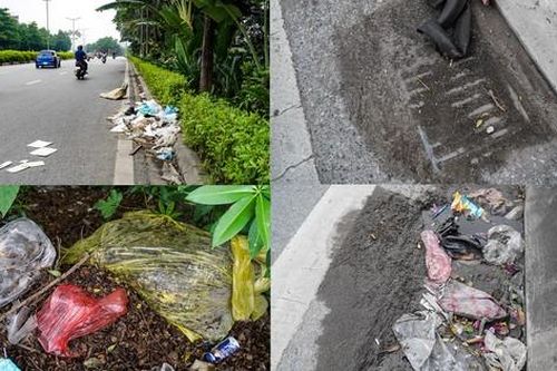 Vành đai 2 ngập rác, rãnh thoát nước bị bịt kín