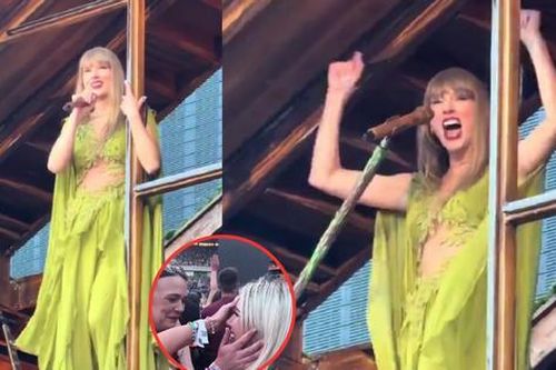 Cận cảnh Taylor Swift ôm cột đứng hóng người hâm mộ cầu hôn tại The Eras Tour