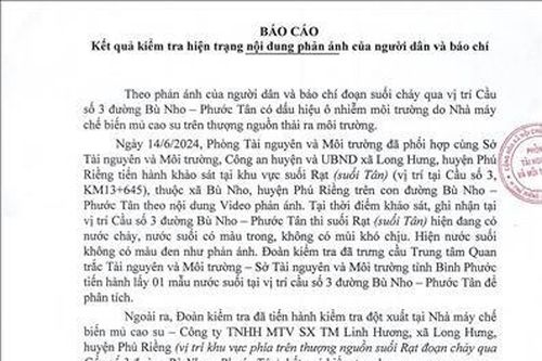 Nước Suối Tân ô nhiễm do sự cố tắc đường ống nhà máy chế biến mủ cao su