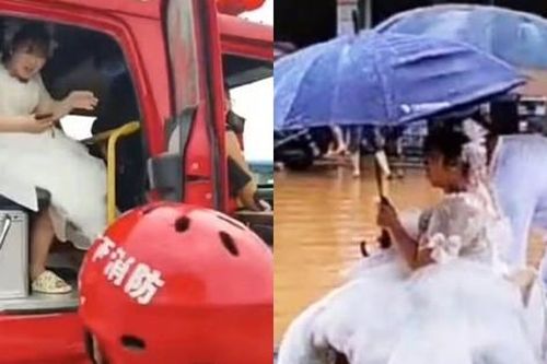 Cô dâu 'cưỡi' xe cứu hỏa, ngồi thuyền tự chế trong ngày cưới
