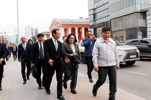 Đồng chí Nguyễn Văn Nên và Thống đốc Khishgee Nyambaatar đi bộ trên quảng trường lớn nhất Thủ đô Ulaanbaatar