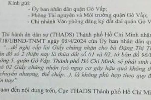 Vụ 'xin lại' sổ đỏ: Cục Thi hành án TPHCM đề nghị quận Gò Vấp thi hành bản án đã có hiệu lực pháp luật