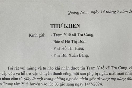 Quảng Nam: Thư khen ê kíp y, bác sĩ cứu thành công sản phụ băng huyết