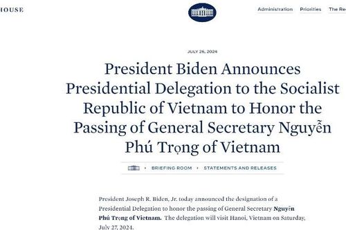 Tổng thống Mỹ cử phái đoàn sang Việt Nam viếng Tổng Bí thư Nguyễn Phú Trọng