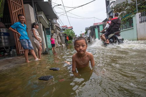 Dân ngoại thành Hà Nội chèo thuyền, bơi lội ngay đường làng vì nước lũ