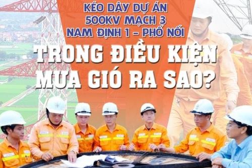 Kéo dây dự án 500kV mạch 3 Nam Định 1-Phố Nối trong điều kiện mưa gió ra sao?