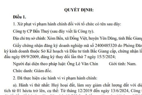 Bắc Giang xử phạt Công ty CP Bến Thủy 260 triệu đồng