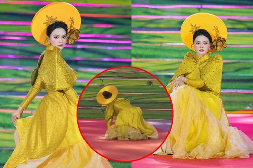 Vũ Thu Phương vấp ngã khi trình diễn áo dài
