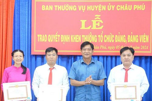 Huyện ủy Châu Phú Công bố và trao quyết định khen thưởng tổ chức đảng, đảng viên 'Hoàn thành xuất sắc nhiệm vụ' tiêu biểu 5 năm liền