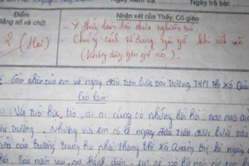 Bài văn tả ngày đầu vào trường chỉ đạt 2 điểm, cô giáo viết lời phê ai cũng đồng tình