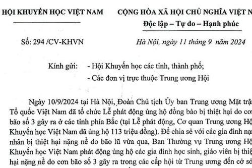 Hội Khuyến học Việt Nam kêu gọi ủng hộ giáo viên và học sinh thiệt hại do bão số 3 Yagi