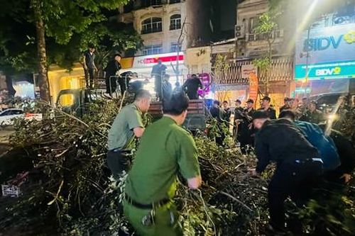Cán bộ, chiến sĩ Công an Hà Nội xuyên đêm dọn dẹp đường phố sau bão số 3