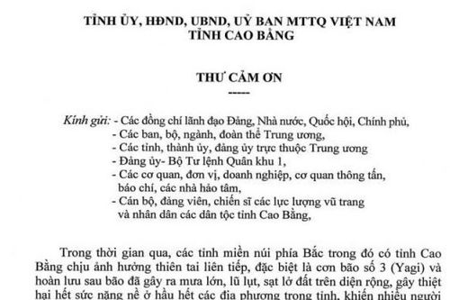 Thư cảm ơn của Tỉnh ủy, HĐND, UBND, Ủy ban MTTQ tỉnh Cao Bằng