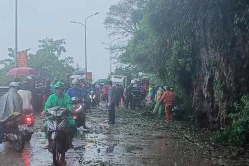 Mưa lớn, cây trên vách đá đổ xuống đè trúng 2 bố con đi đường