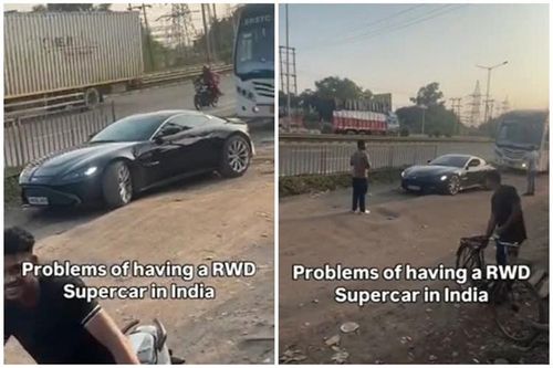 Bi hài siêu xe Aston Martin Vantage loay hoay vì kẹt ổ gà