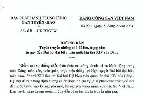 Hướng dẫn tuyên truyền những chủ đề lớn, trọng tâm từ nay đến Đại hội đại biểu toàn quốc lần thứ XIV của Đảng