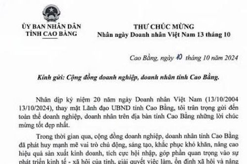 Chủ tịch UBND tỉnh Hoàng Xuân Ánh gửi thư chúc mừng nhân kỷ niệm Ngày Doanh nhân Việt Nam