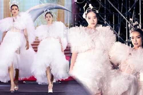 Bùi Hoàng Hạ An cùng Hoa hậu Ngọc Châu hóa mây trắng trên sân khấu thời trang