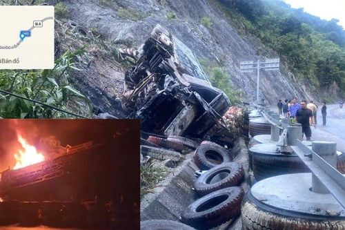 Xe đầu kéo mất phanh bốc cháy tại đường lánh nạn ở Hòa Bình