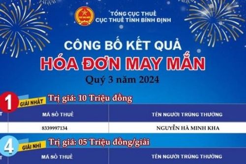 Cục Thuế Bình Định tìm ra 30 chủ nhân hóa đơn may mắn quý 3