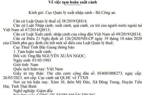 Tạm hoãn xuất cảnh Giám đốc công ty Nhân Trung