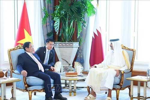 Thủ tướng Phạm Minh Chính chào Quốc vương Qatar Tamim bin Hamad Al Thani